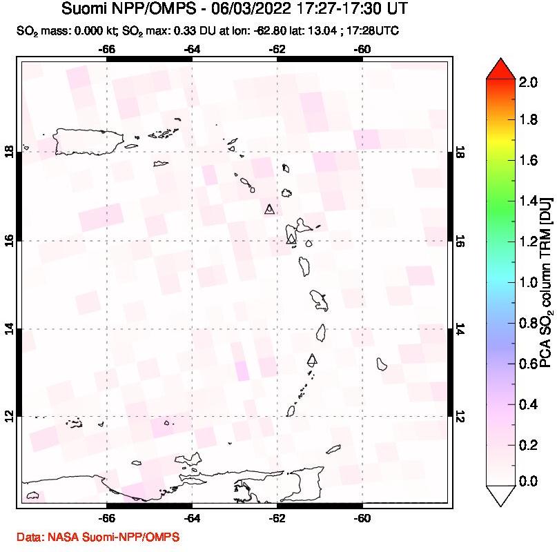 A sulfur dioxide image over Montserrat, West Indies on Jun 03, 2022.