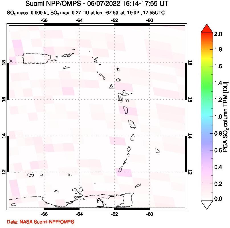 A sulfur dioxide image over Montserrat, West Indies on Jun 07, 2022.