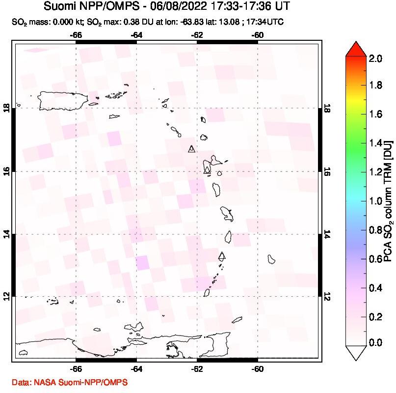 A sulfur dioxide image over Montserrat, West Indies on Jun 08, 2022.