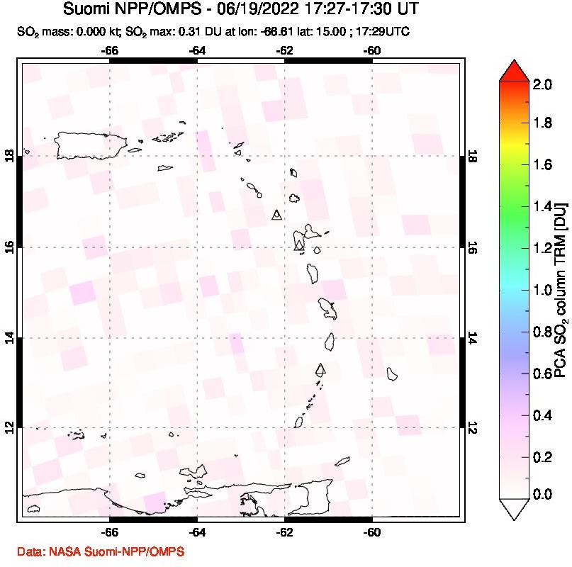 A sulfur dioxide image over Montserrat, West Indies on Jun 19, 2022.