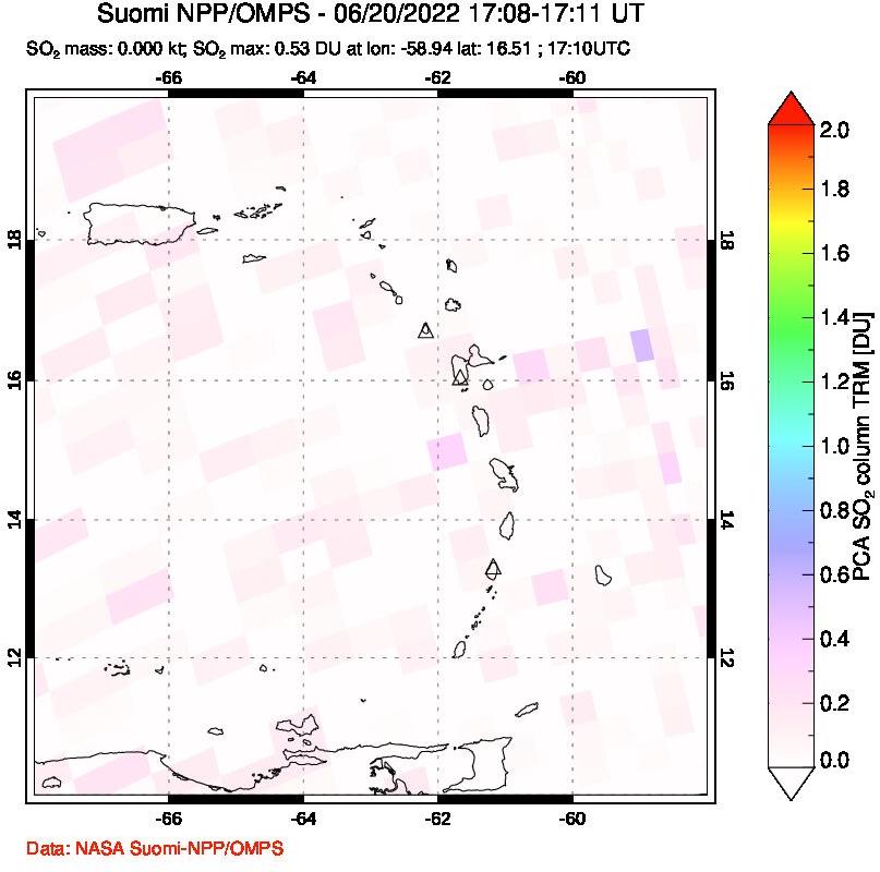 A sulfur dioxide image over Montserrat, West Indies on Jun 20, 2022.