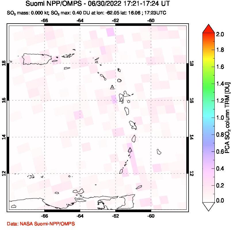A sulfur dioxide image over Montserrat, West Indies on Jun 30, 2022.