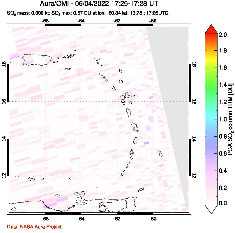A sulfur dioxide image over Montserrat, West Indies on Jun 04, 2022.