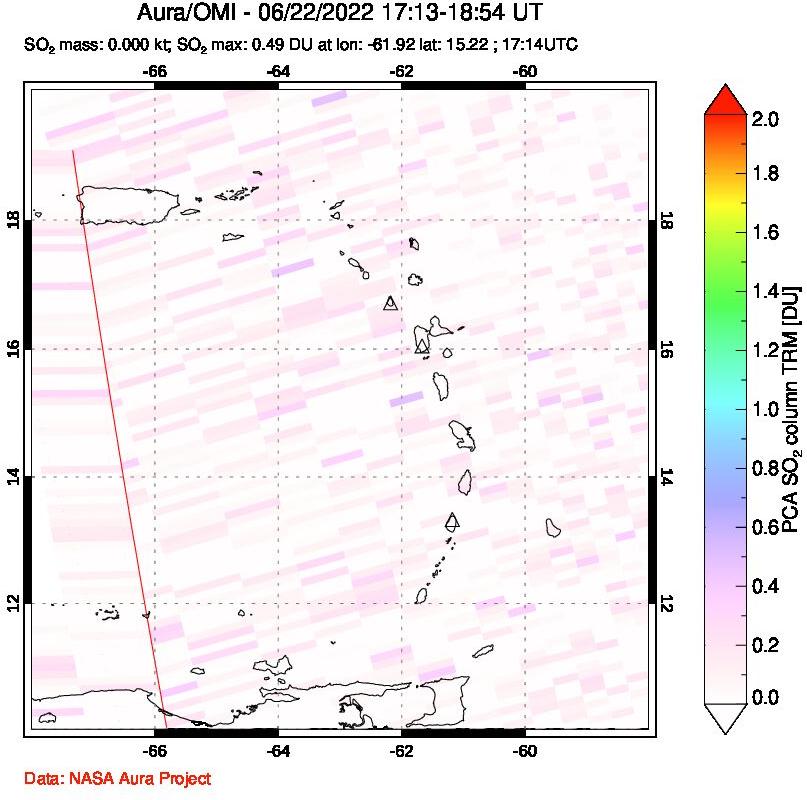 A sulfur dioxide image over Montserrat, West Indies on Jun 22, 2022.