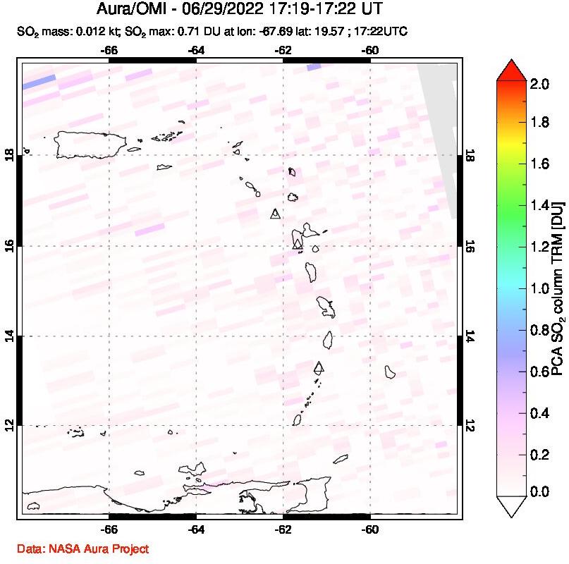 A sulfur dioxide image over Montserrat, West Indies on Jun 29, 2022.