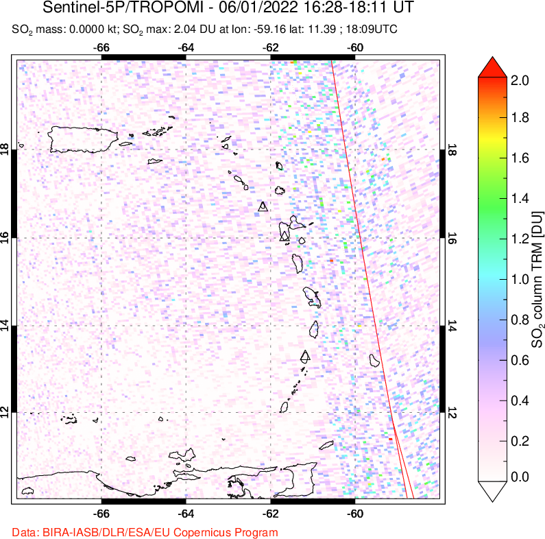A sulfur dioxide image over Montserrat, West Indies on Jun 01, 2022.
