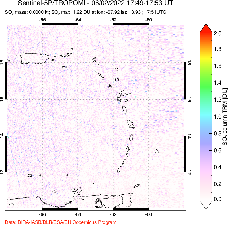 A sulfur dioxide image over Montserrat, West Indies on Jun 02, 2022.