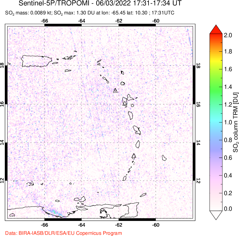 A sulfur dioxide image over Montserrat, West Indies on Jun 03, 2022.