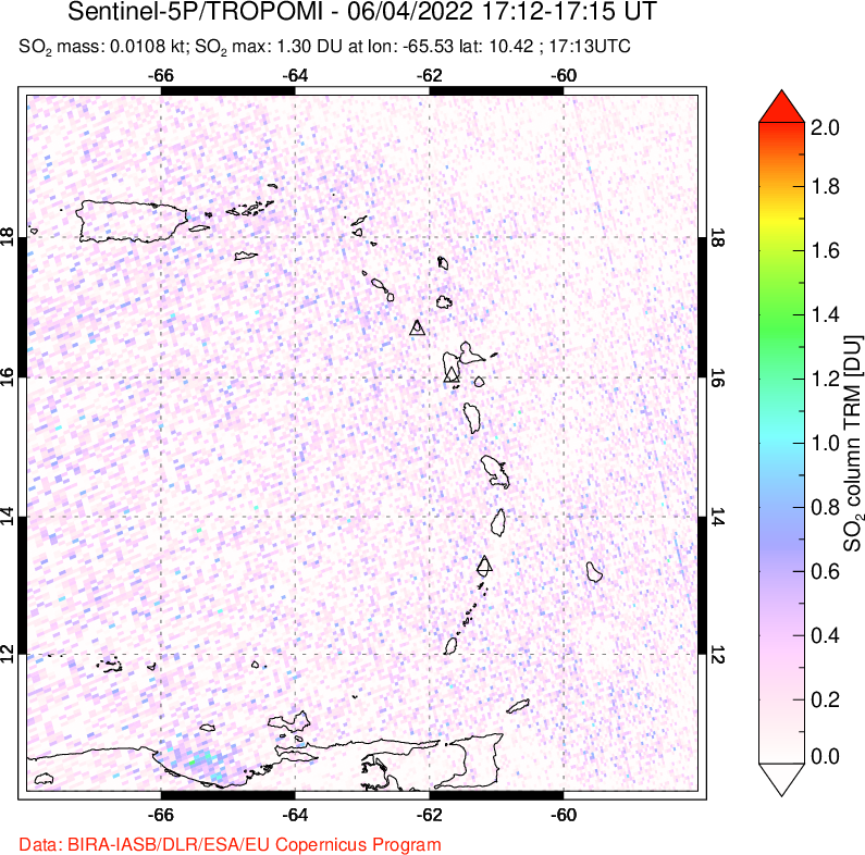 A sulfur dioxide image over Montserrat, West Indies on Jun 04, 2022.