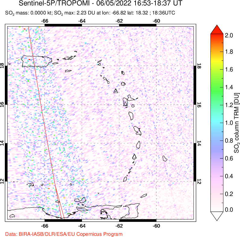 A sulfur dioxide image over Montserrat, West Indies on Jun 05, 2022.