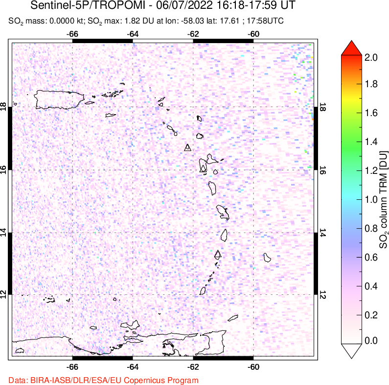 A sulfur dioxide image over Montserrat, West Indies on Jun 07, 2022.