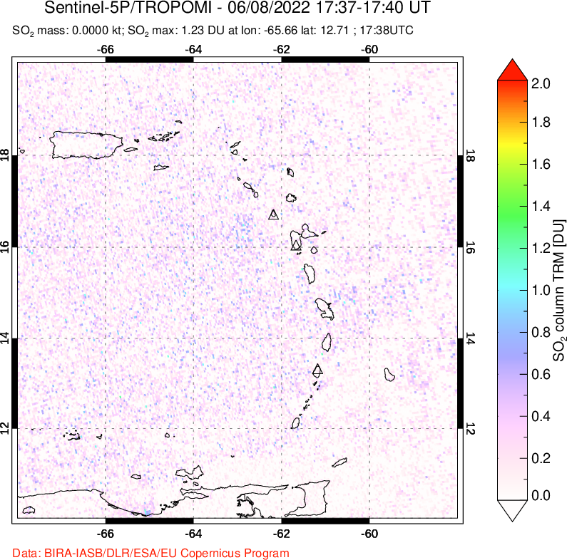 A sulfur dioxide image over Montserrat, West Indies on Jun 08, 2022.