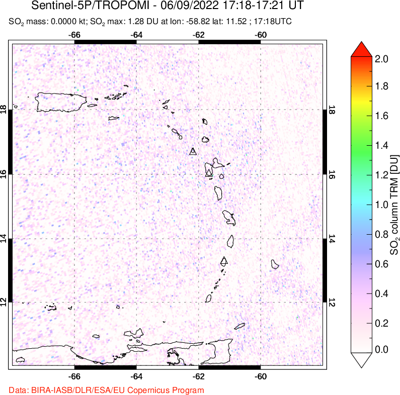 A sulfur dioxide image over Montserrat, West Indies on Jun 09, 2022.