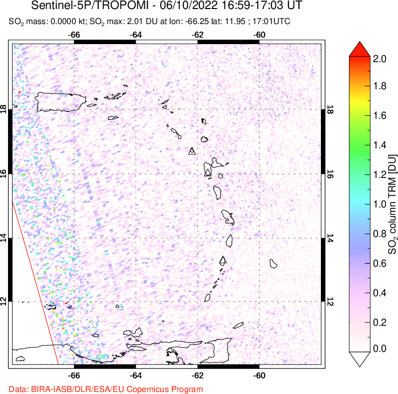 A sulfur dioxide image over Montserrat, West Indies on Jun 10, 2022.