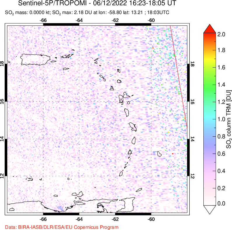 A sulfur dioxide image over Montserrat, West Indies on Jun 12, 2022.