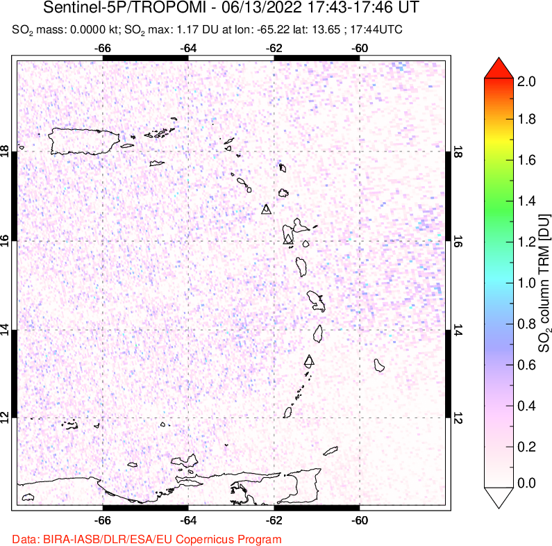 A sulfur dioxide image over Montserrat, West Indies on Jun 13, 2022.
