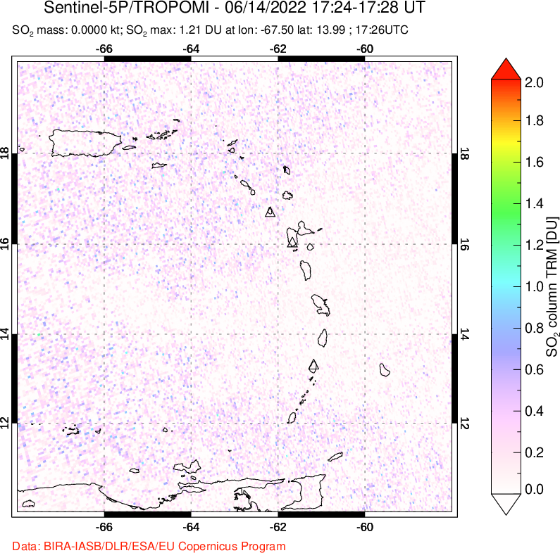 A sulfur dioxide image over Montserrat, West Indies on Jun 14, 2022.