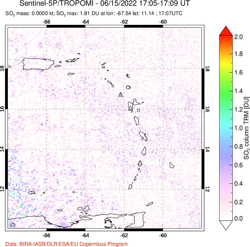 A sulfur dioxide image over Montserrat, West Indies on Jun 15, 2022.