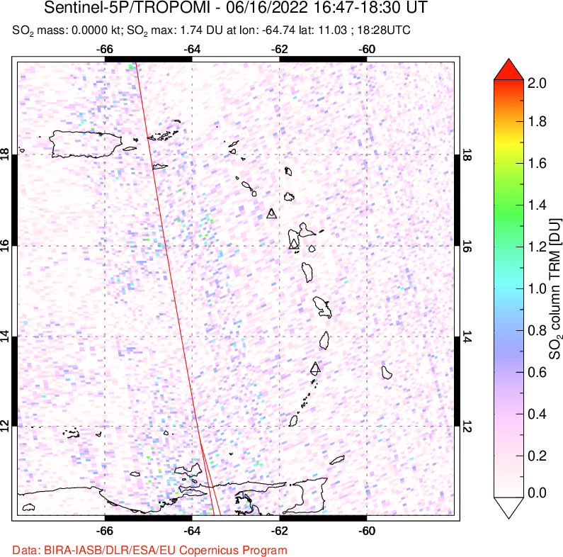 A sulfur dioxide image over Montserrat, West Indies on Jun 16, 2022.
