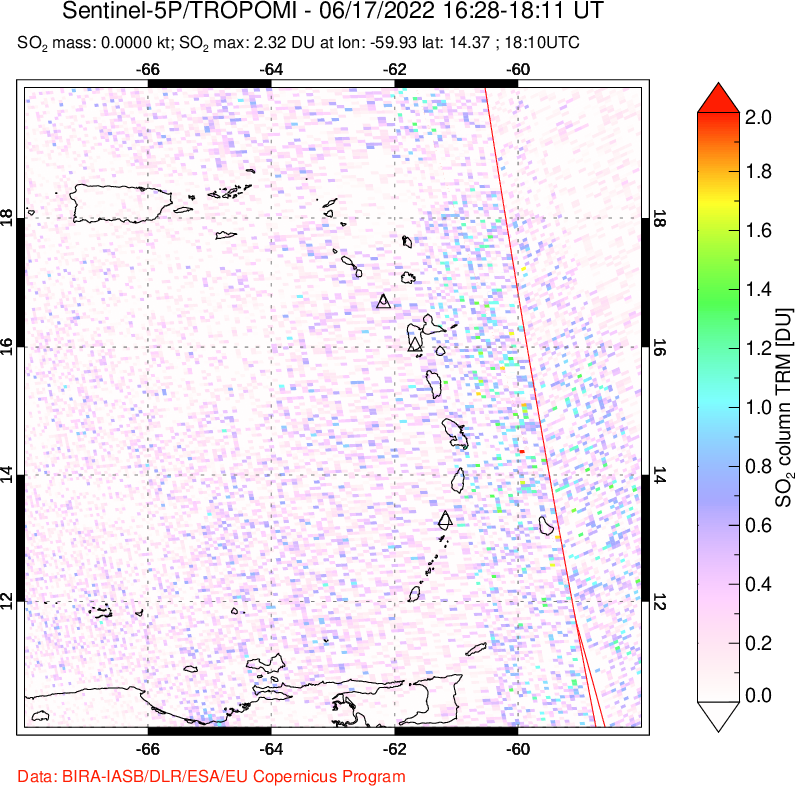 A sulfur dioxide image over Montserrat, West Indies on Jun 17, 2022.