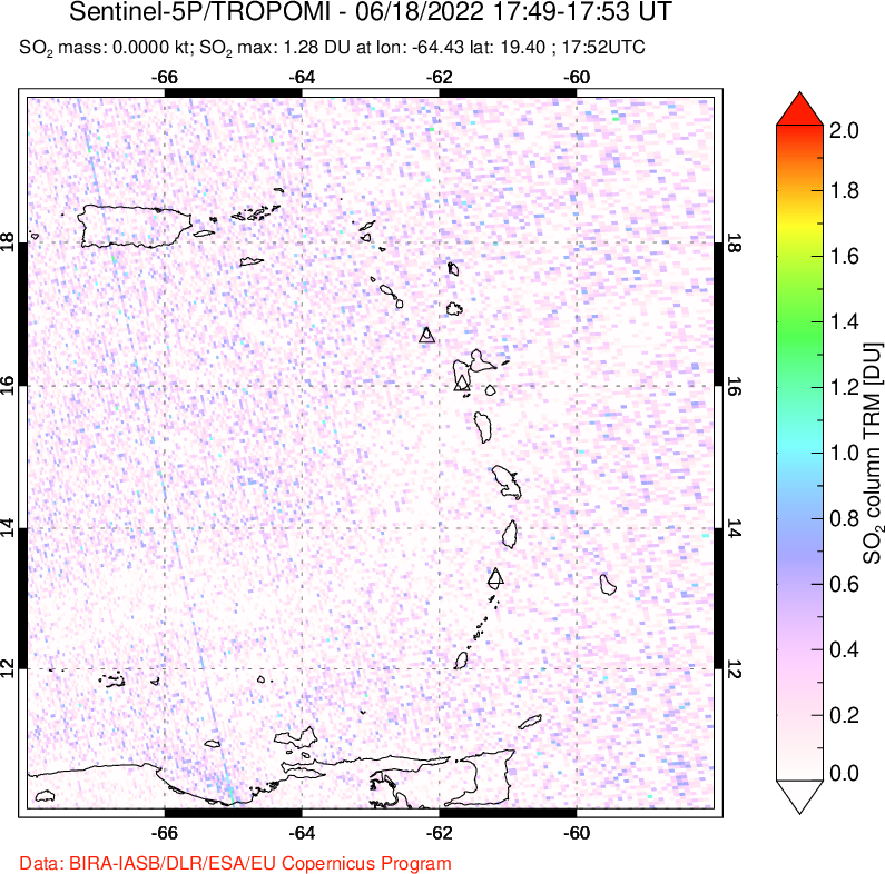 A sulfur dioxide image over Montserrat, West Indies on Jun 18, 2022.