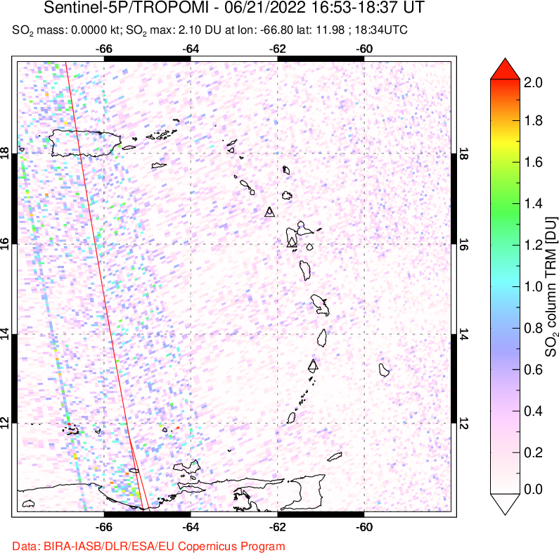 A sulfur dioxide image over Montserrat, West Indies on Jun 21, 2022.