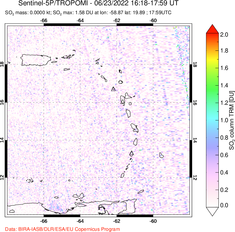 A sulfur dioxide image over Montserrat, West Indies on Jun 23, 2022.