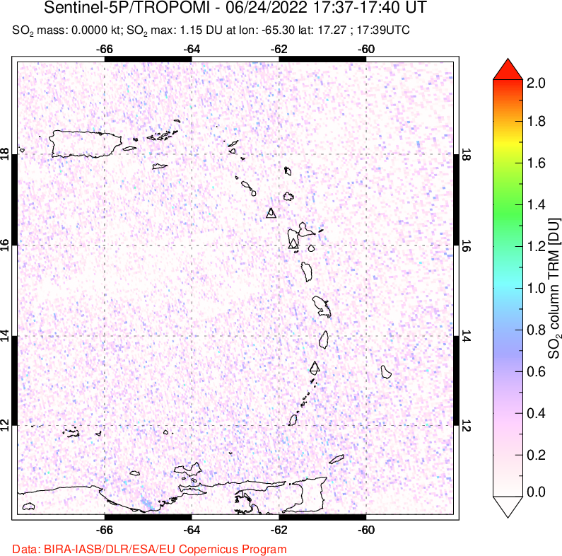 A sulfur dioxide image over Montserrat, West Indies on Jun 24, 2022.