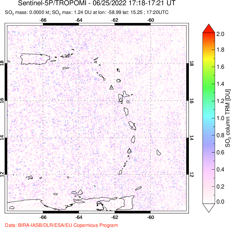 A sulfur dioxide image over Montserrat, West Indies on Jun 25, 2022.