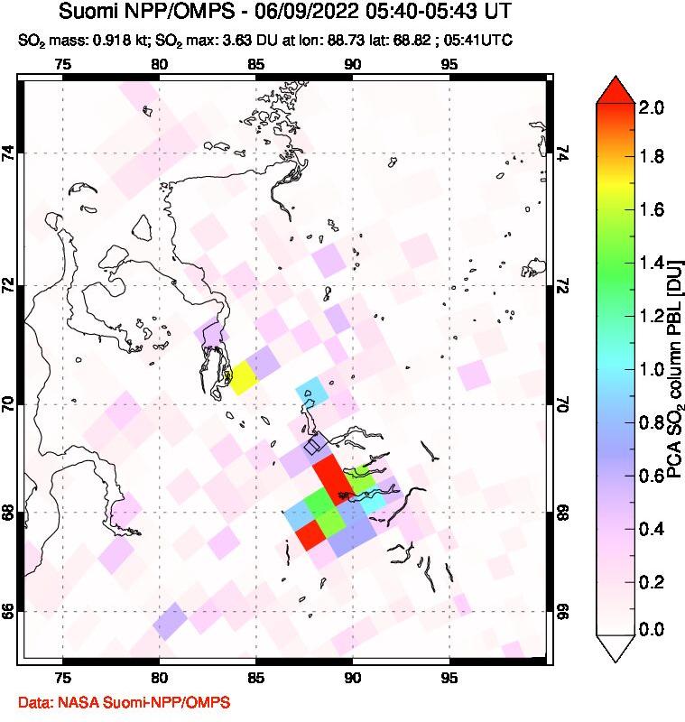 A sulfur dioxide image over Norilsk, Russian Federation on Jun 09, 2022.