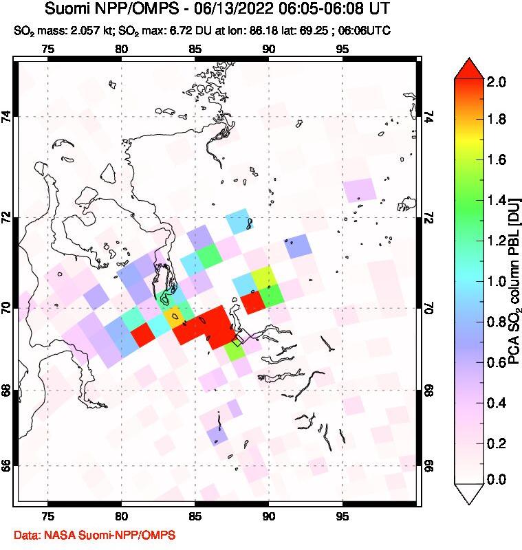 A sulfur dioxide image over Norilsk, Russian Federation on Jun 13, 2022.