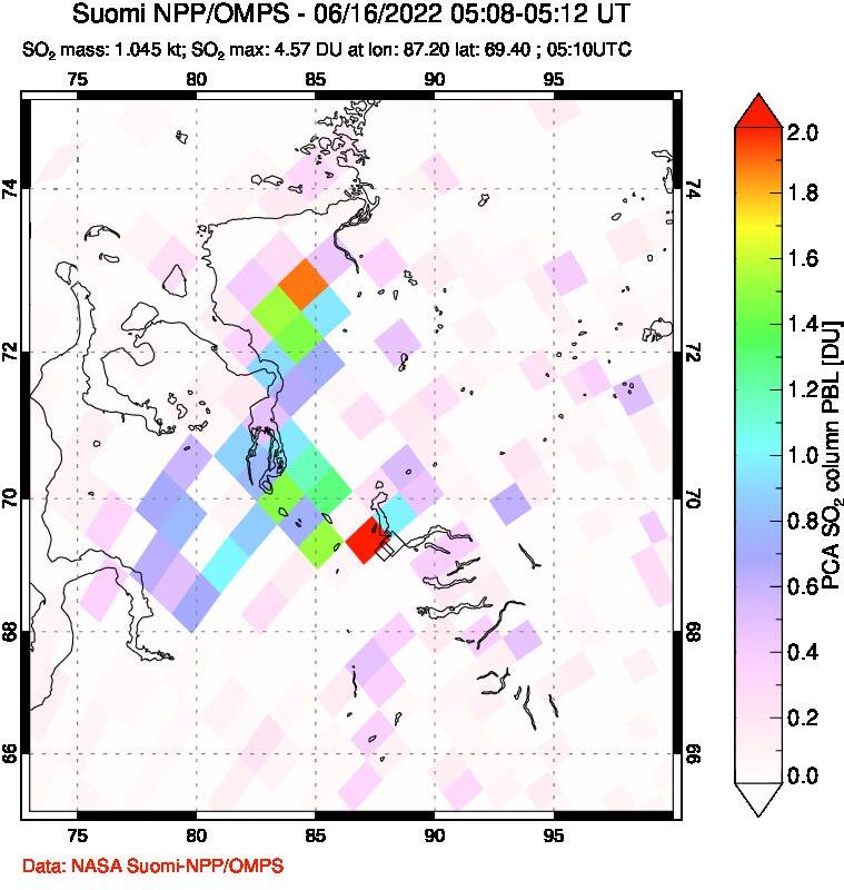 A sulfur dioxide image over Norilsk, Russian Federation on Jun 16, 2022.
