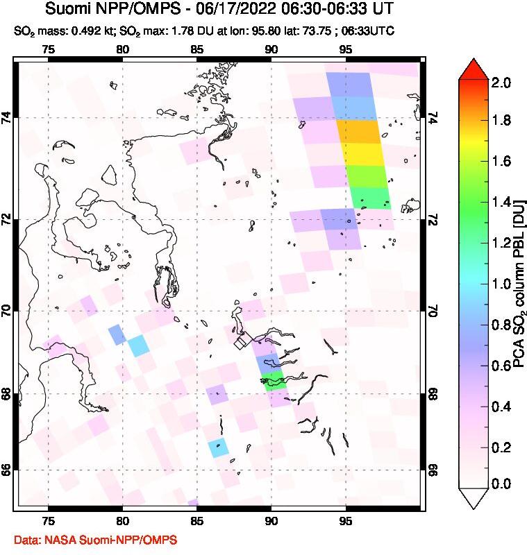 A sulfur dioxide image over Norilsk, Russian Federation on Jun 17, 2022.