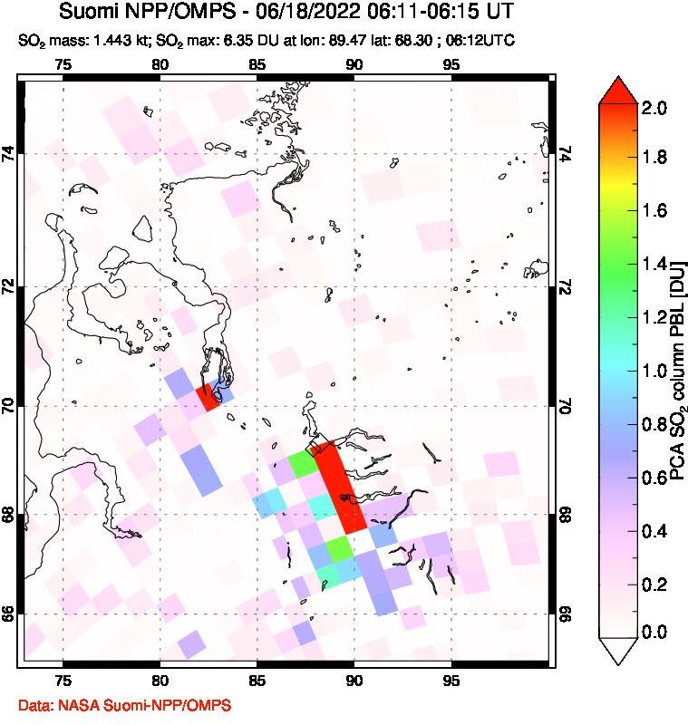 A sulfur dioxide image over Norilsk, Russian Federation on Jun 18, 2022.