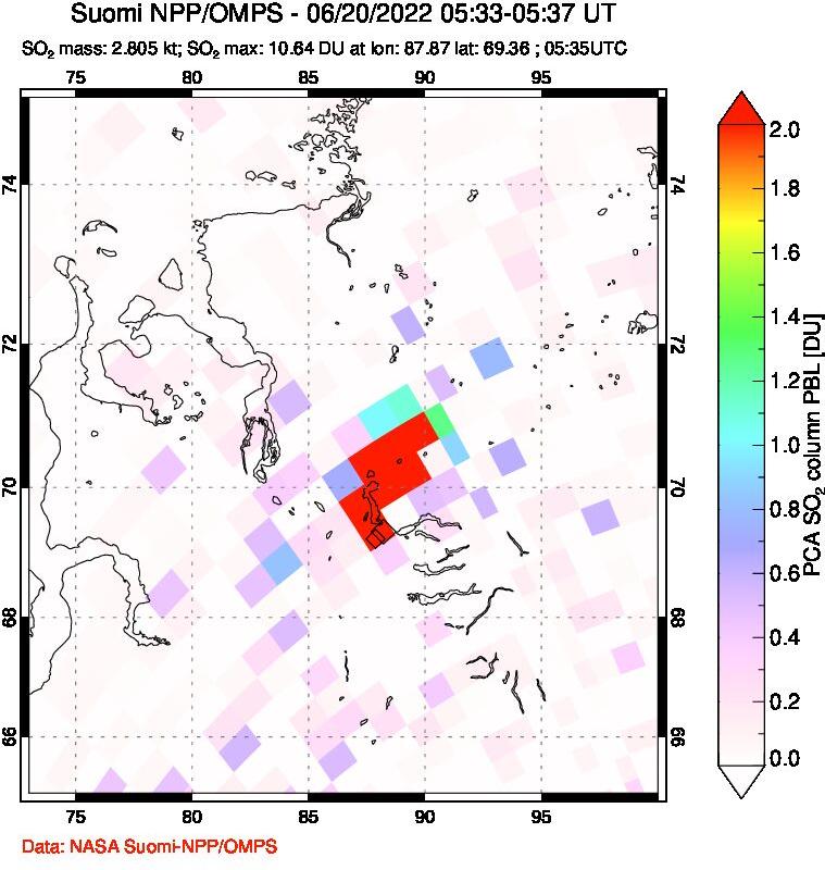 A sulfur dioxide image over Norilsk, Russian Federation on Jun 20, 2022.
