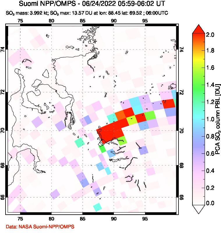 A sulfur dioxide image over Norilsk, Russian Federation on Jun 24, 2022.