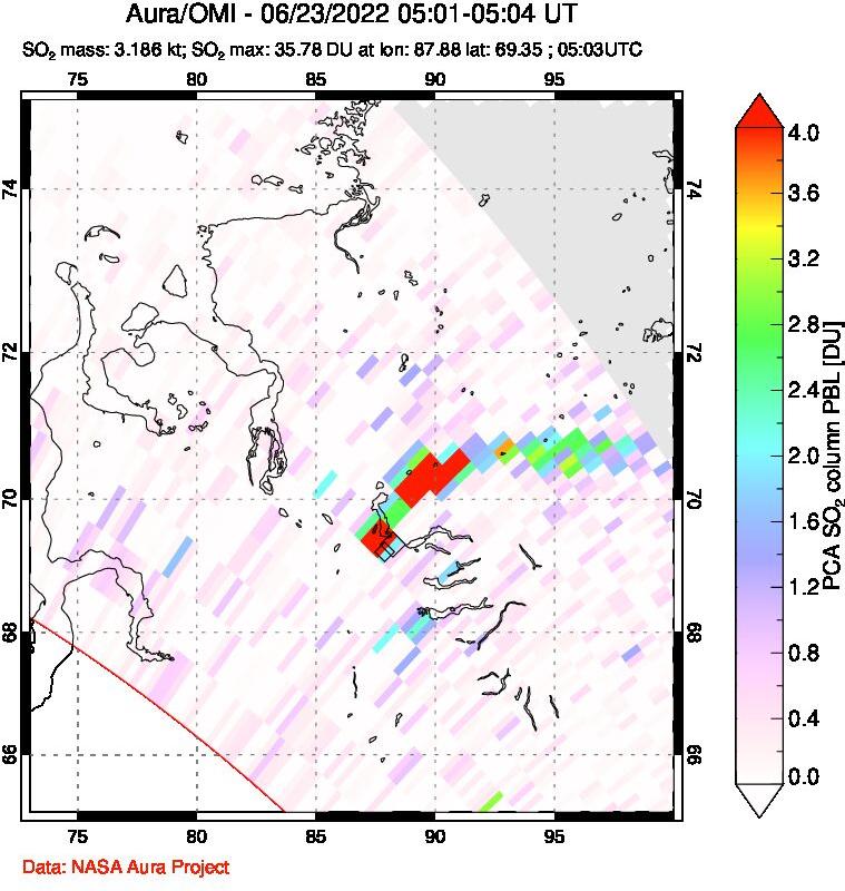 A sulfur dioxide image over Norilsk, Russian Federation on Jun 23, 2022.