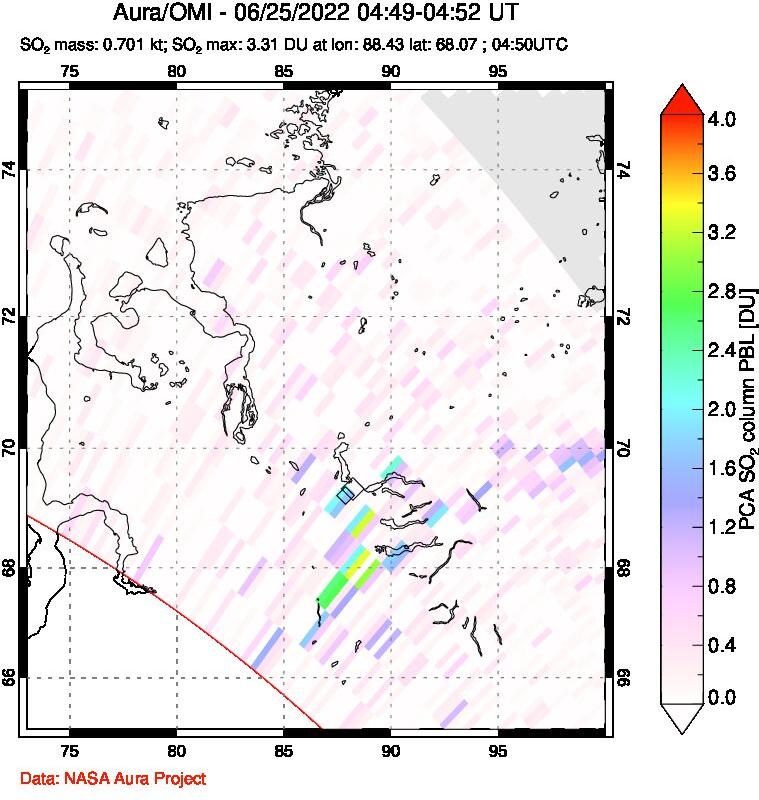 A sulfur dioxide image over Norilsk, Russian Federation on Jun 25, 2022.