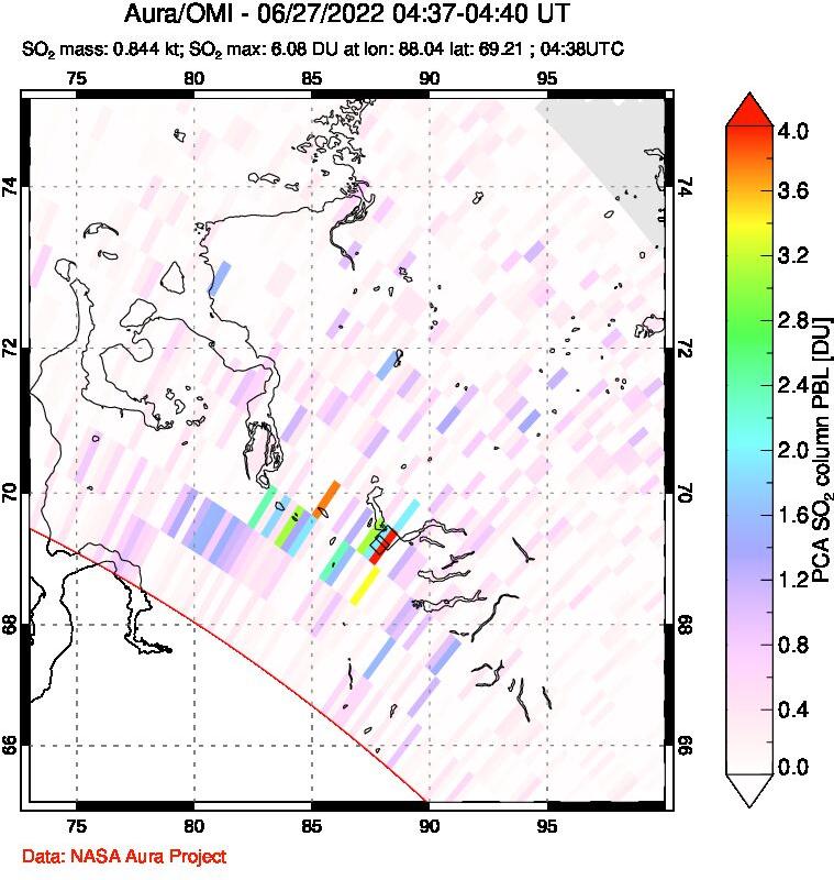 A sulfur dioxide image over Norilsk, Russian Federation on Jun 27, 2022.