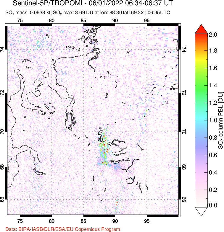 A sulfur dioxide image over Norilsk, Russian Federation on Jun 01, 2022.