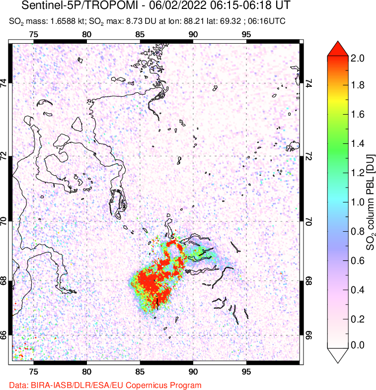 A sulfur dioxide image over Norilsk, Russian Federation on Jun 02, 2022.