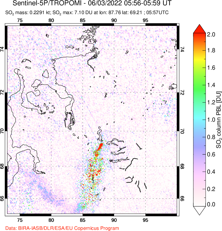 A sulfur dioxide image over Norilsk, Russian Federation on Jun 03, 2022.