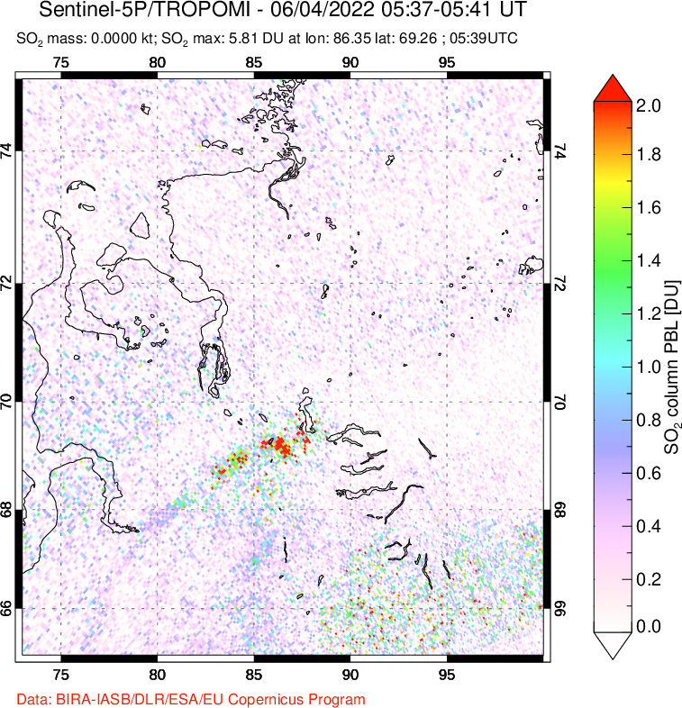 A sulfur dioxide image over Norilsk, Russian Federation on Jun 04, 2022.