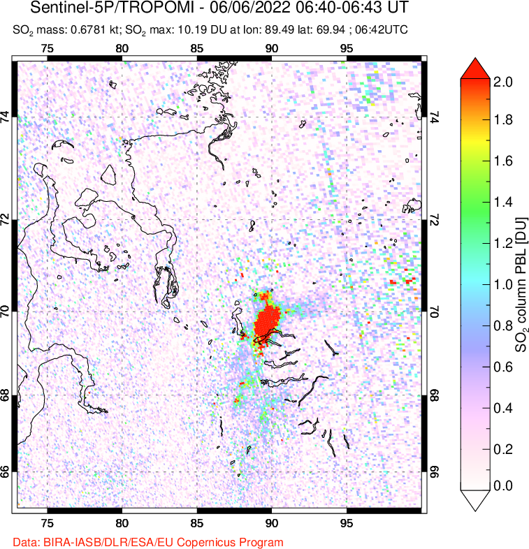 A sulfur dioxide image over Norilsk, Russian Federation on Jun 06, 2022.