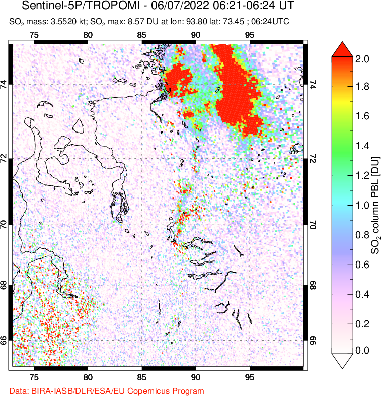 A sulfur dioxide image over Norilsk, Russian Federation on Jun 07, 2022.