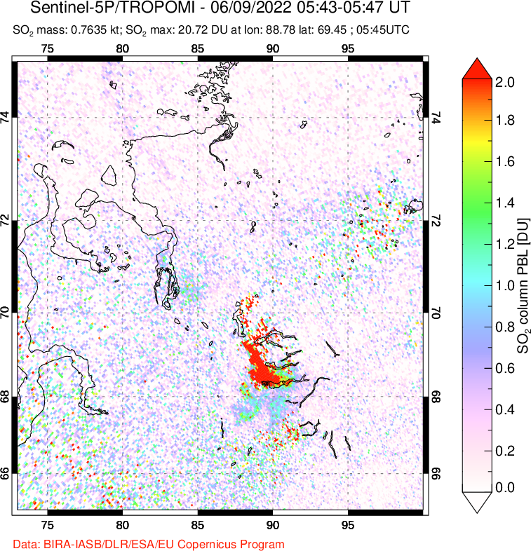 A sulfur dioxide image over Norilsk, Russian Federation on Jun 09, 2022.
