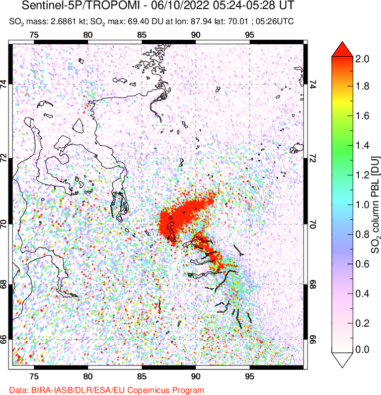 A sulfur dioxide image over Norilsk, Russian Federation on Jun 10, 2022.