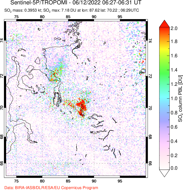 A sulfur dioxide image over Norilsk, Russian Federation on Jun 12, 2022.