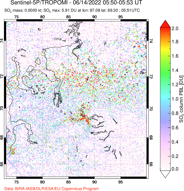 A sulfur dioxide image over Norilsk, Russian Federation on Jun 14, 2022.