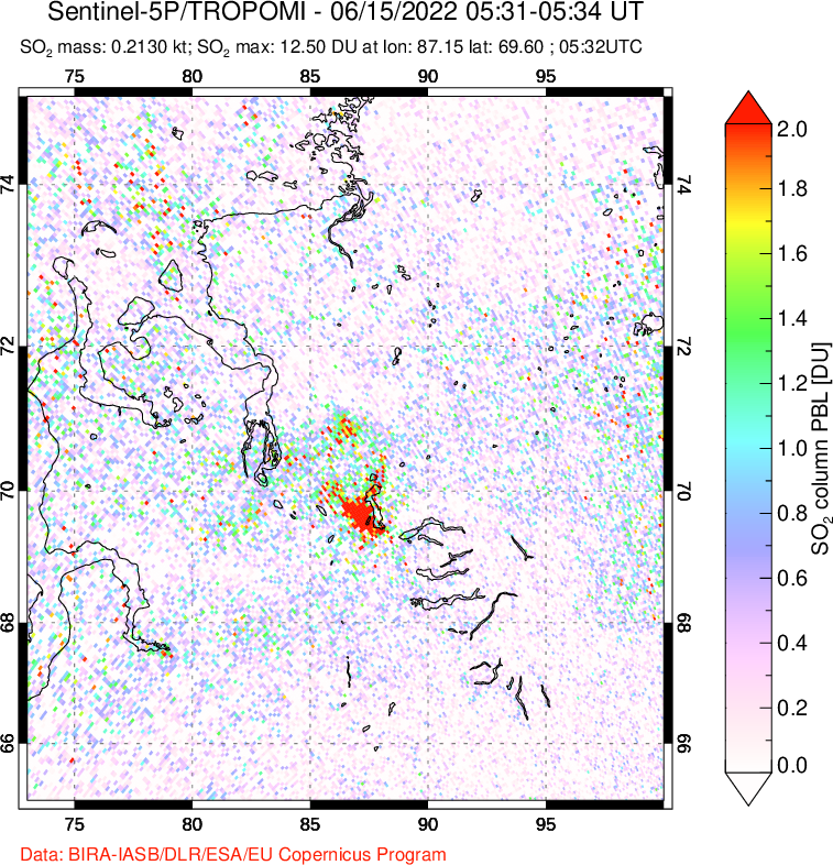 A sulfur dioxide image over Norilsk, Russian Federation on Jun 15, 2022.